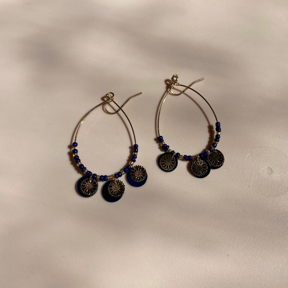 Navy, gold, dangle earrings